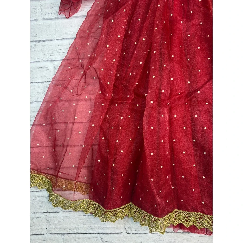 Disney Store Belle Winter Red Velvet Gold Lace Costume Dress Girls 7/8 Gloves